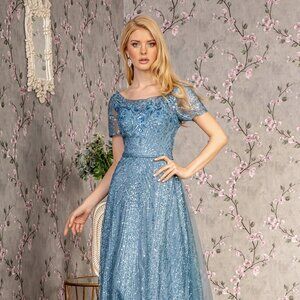 NEW FLOOR LENGTH FORMAL MOB GOWN WITH SHORT SLEEVES AND BEADES EMBROIDERY GL3493